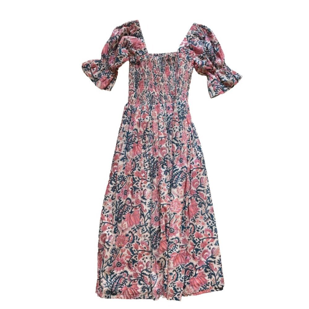 NWT Lilbelle Smocked Midi Dress Womens OS Small Medium Pink Blue Short Sleeve